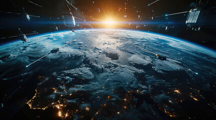 Fototapete - In near-Earth orbit, multiple communications satellites move around the Earth, with the Earth at the bottom of the frame, occupying one-third of the frame. Generative AI.