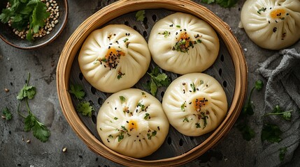 Wall Mural - Overhead view of fresh baozi on a grey textured table, focusing on their soft, steamed texture and flavorful fillings