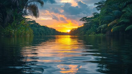 Wall Mural - sunrise over the river in tropical jungle