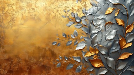 Wall Mural - A striking representation of metallic leaves in gold and silver against a textured backdrop