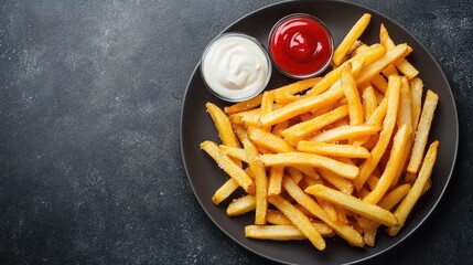 Wall Mural - Top view of a plate of French fries accompanied by ketchup and mayonnaise on a dark grey table, showcasing a classic snack with room for your message