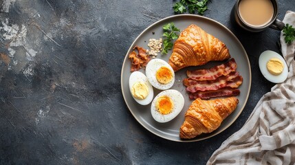 Top view of a hearty breakfast with croissants, yogurt, boiled eggs, crispy bacon, and a steaming cup of coffee on a table