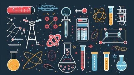 Wall Mural - an intricate collection of various scientific instruments and symbols outlined against a dark blue b