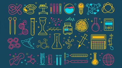 Wall Mural - an engaging illustration of science doodles set against a teal background, featuring colorful icons 
