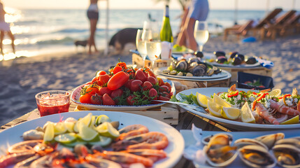 **Beach Picnic Feast: Summertime Celebration** 
**A delicious spread of fresh seafood and vibrant vegetables on a sandy beach, perfect for a summer celebration.** 
