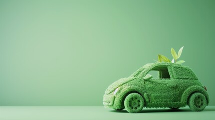 Green car covered in grass with leaves on top against a light green background. Concepts of eco-friendly transportation, sustainability, and green technology.