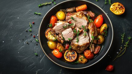 Wall Mural - Top view of roast pork with vegetables in a bowl on a dark grey kitchen table, emphasizing the hearty dish with space for your message