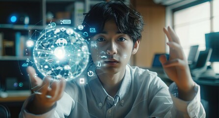 Sticker - A young Japanese man is sitting at the desk, holding up an earth with icons of global network and business data floating above it, convey a sense of innovation and technology use for online marketing.