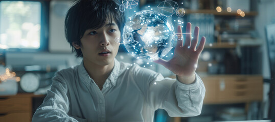 Poster - A young Japanese man is sitting at the desk, holding up an earth with icons of global network and business data floating above it, convey a sense of innovation and technology use for online marketing.