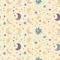 Wall Mural - Dreamy Pastel Celestial Seamless Pattern with Moons and Stars