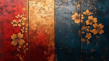 Wall Mural - Floral designs adorn a vibrant wall panel, showcasing a harmonious blend of red, gold, and blue tones