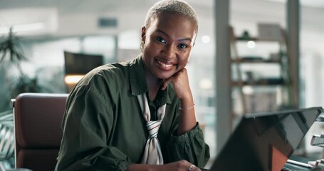 Poster - Black woman, face and smile in night at office with laptop for review, development and project at company. Person, happy and computer for typing, job and pride for problem solving at creative agency
