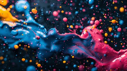 Artistic splatter paint texture with dynamic shapes and vibrant colors