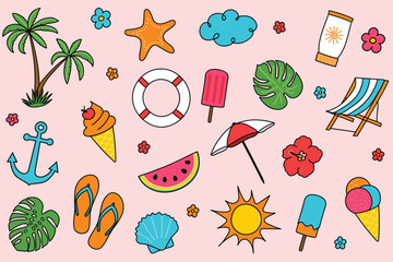 Wall Mural - Collection of a cartoon summer icons. Vector illustration