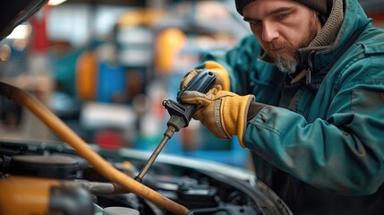 Poster - In an outdoor shop, a car mechanic opening the hood of a car with one hand and holding a dust gun attached to a spring-loaded rubber air pipe with the other. Generative AI.