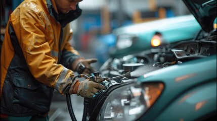 Poster - In an outdoor shop, a car mechanic opening the hood of a car with one hand and holding a dust gun attached to a spring-loaded rubber air pipe with the other. Generative AI.