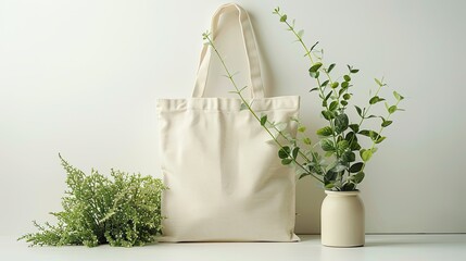 Wall Mural - Bag mockup of a reusable tote bag with eco-friendly design, isolated on a white background