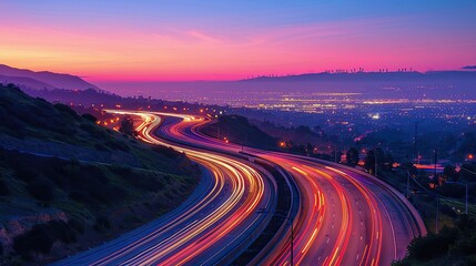 Elevated view of a highway network at twilight, with the glow of city lights and vehicle trails