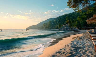 Poster - Tranquil Beachscape with Lush Greenery and Rolling Waves