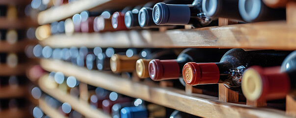 Wine cellar full of wine bottles. Bottles with wine on shelf in the wine bar bluured background