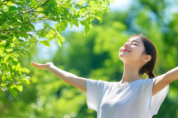 woman nature in a park, with a beautiful sunlight and green trees in the background. feeling happy while relaxing outdoors on a summer day, with a smiling face expression of relaxation and happiness