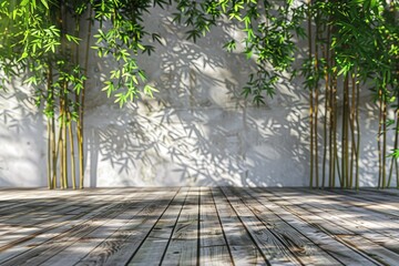 Wall Mural - ai generative wooden floor and walls with bamboo trees