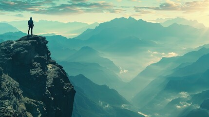 Silhouette of a climber on a cliff, with a vast mountain landscape seamlessly integrated within the form