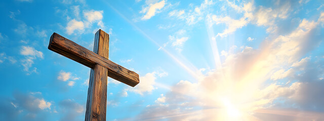 wooden cross on blue sky with clouds and sun rays background