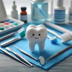 tooth with a cute face in a dentist room