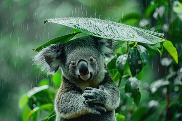 Poster -   A koala resting on a tree limb with a leaf on its head and closed eyes