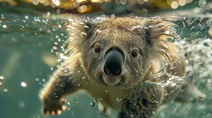 Poster -   A close-up of a koala swimming in water with bubbles on the surface