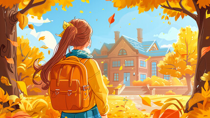 Canvas Print - young girl with a ponytail and a backpack in front of a school building, surrounded by colorful autu