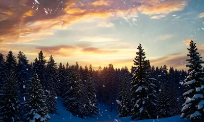 Poster - Snowy Sunset in a Pine Forest