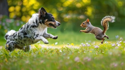 Wall Mural - Playful Pursuit: Dog and Squirrel Engaged in a Spirited Game of Chase in the Park