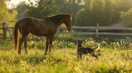 Wall Mural - Harmony in Nature - Horse and Dog Playing Joyfully in the Green Pasture