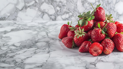 Fresh red strawberries on a white marble background,  perfect for summer recipes and food photography. 