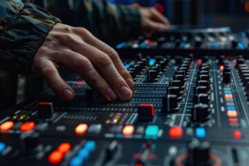 A close-up of a DJ's hand adjusting settings on a professional sound mixer in a vibrant music setting.