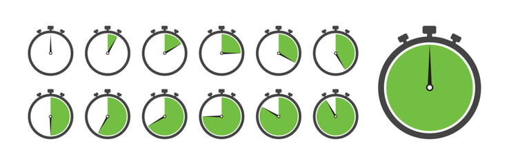 0, 5, 10, 15, 20, 25, 30, 35, 40, 45, 50, 55, 60 min timer, clock, stopwatch green isolated set icon