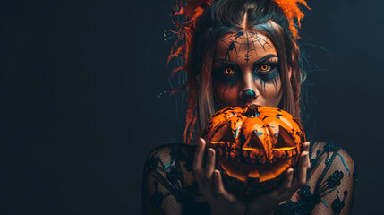 Young woman with scary halloween makeup holding a carved pumpkin