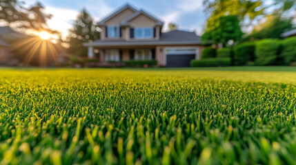 Wall Mural - green grass glows in the warm light of sunset, with a home blurred in the background, symbolizing peace, growth, and the warmth of nature blending with domestic tranquility