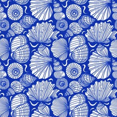 Azure blue white shell motif with linen seamless batik background, Modern coastal beach cottage rustic shell block print home decor pattern design in sealife beach style.