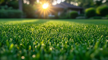 Wall Mural - green grass glows in the warm light of sunset, with a home blurred in the background, symbolizing peace, growth, and the warmth of nature blending with domestic tranquility