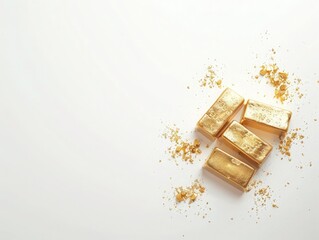 Stack of gold ingots on a grey surface, suitable for banking and luxury marketing isolated