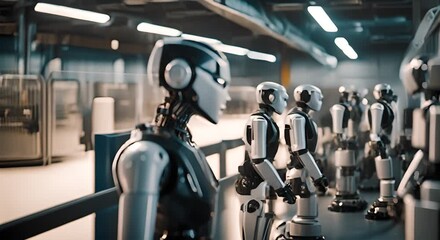 Poster - Humanoid robots in a modern factory.