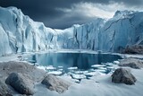 A stunning glacial landscape featuring a serene ice lake surrounded by towering glaciers under a moody sky.