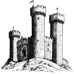 drawing of a medieval castle with tall towers, fortified walls, and a central keep, vector illustrat