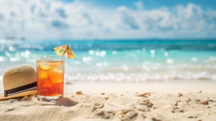 A refreshing iced tea with lemon is placed on a sandy beach beside a stylish hat, under a sunny sky, evoking a sense of relaxation and summer vacation vibes.