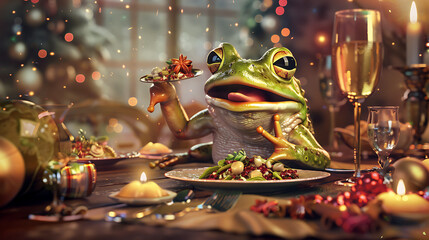 A green frog dressed for Christmas dinner,  with red, gold and green colors,  in a festive, whimsical style,  evoking joy and celebration. 