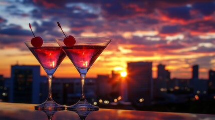 Two martini glasses cocktail with a cherry on the table at a rooftop bar with a background of city lights at sunset.