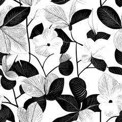 Stylized botanicals with intricate petal structures, set against a background of lush leaves, seamless pattern vector